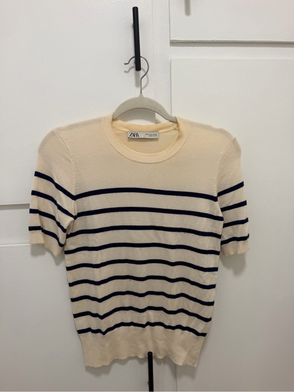 Zara Cream Crewneck Sweater with Navy Stripes